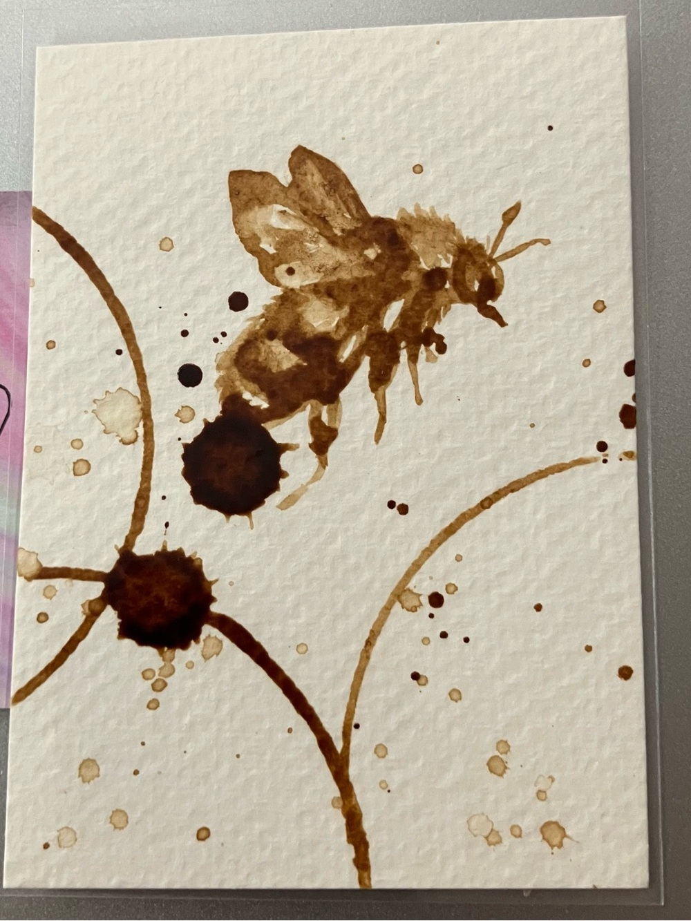 ACEO bumblebee coffee painting ATC fun mini gift art miniature by Artettina